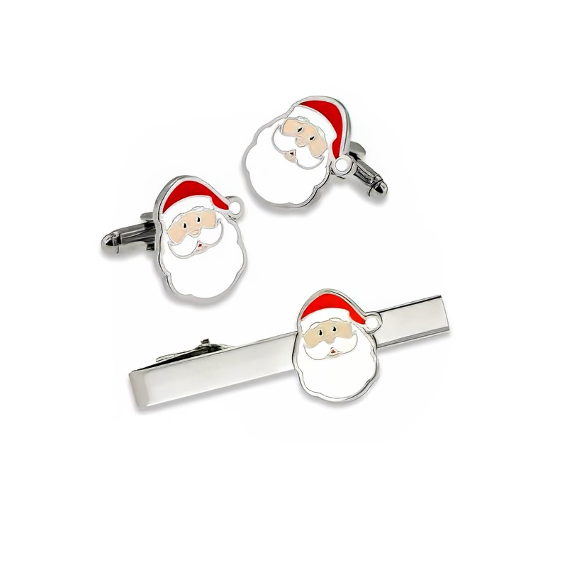 Custom Christmas Santa Claus Cufflinks and Tie Clip Set for Holiday Gift Baskets